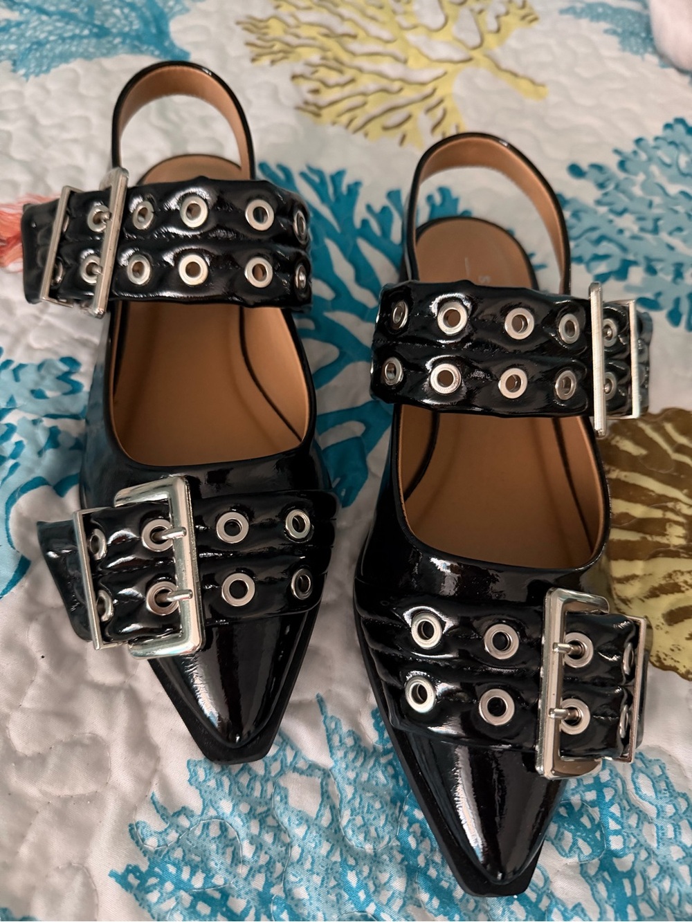 NEW Soda Black Patent Pointed Slingback Flats with Silver Grommet Buckles